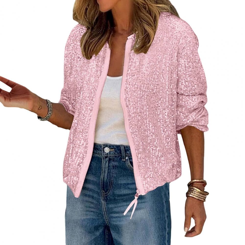 Lady Coat Glittering Sequin Round Neck Zipper Closure Long Sleeves Cardigan Short Type Loose Club Performance Stage Party Jacket XL pink