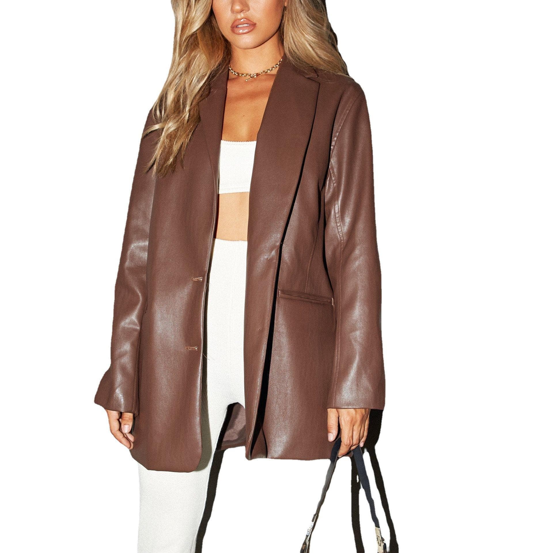 Women's Leather Jacket Autumn and Winter New Leather Jacket Casual Warm Suit Jacket Women L