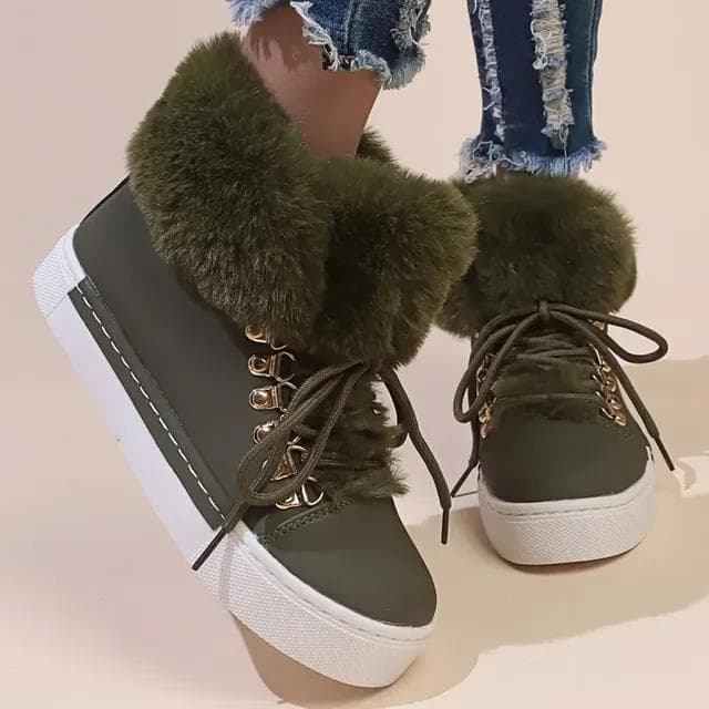 Fluffy Fur Thick Bottom Ankle Boots Women Non-Slip Lace Up Platform Snow Boots Woman Warm Plush Winter Short Booties Female 43 army green