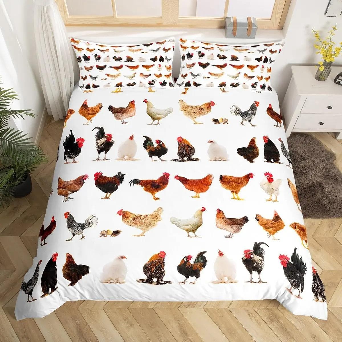 Cute Chicken Duvet Cover King Queen Colorful Rooster Bedding Set Farm Animal Comforter Cover Funny Rustic Farmhouse Quilt Cover EU Single 135x200cm