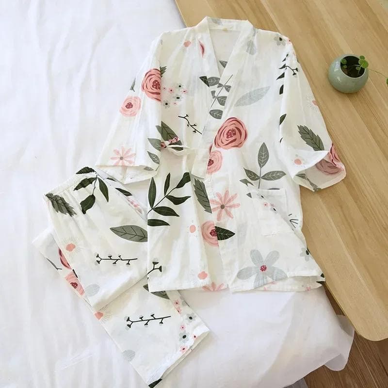 New Seven-sleeve Japanese-style Kimono Pajamas Set Female Spring and Autumn 100% Cotton Gauze Home Clothes Cute Sweet Two-p M