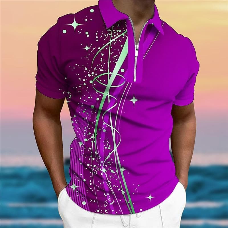 Men's Shirt Polo Casual Zip Short Sleeve Fashion Casual Zipper Summer Spring Regular Fit 3D Blue Curved Starry Sky Print Shirt 2XL purple