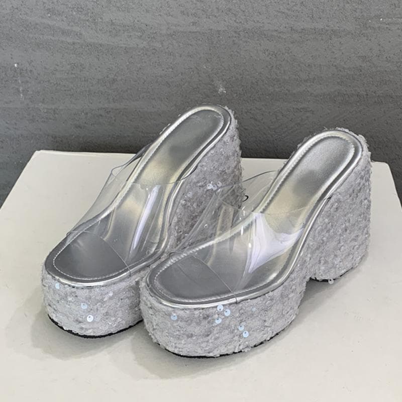 Liyke Summer Fashion PVC Transparent Women Slippers Sequined Platform Wedges High Heels Shoes Sexy Peep Toe Sandals Ladies Gold 35 silver