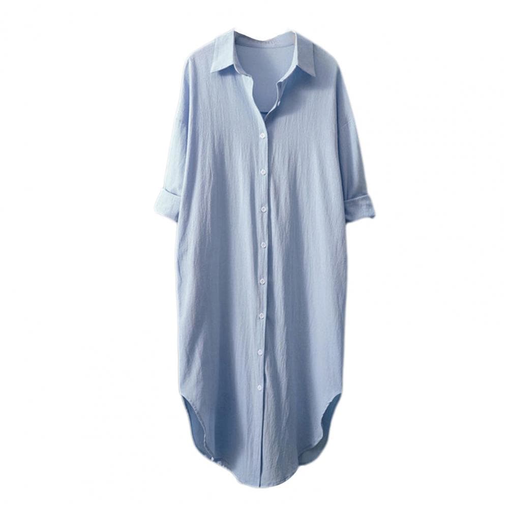 Women Shirt Lapel Long Sleeve Single Breasted Shirt Solid Color Loose Fit Mid-length Sunscreen Casual Shirt Streetwear S sky blue