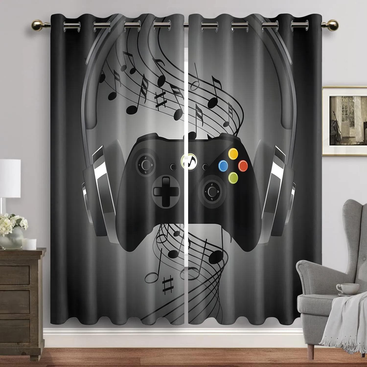 2PC Curtains, Gmae GamePad With Pole Pocket Curtains, Video Game Curtain Suitable For Kitchen, Coffee Shop, Living Room, Balcony 1x50W60H(CM)&Grommet Top