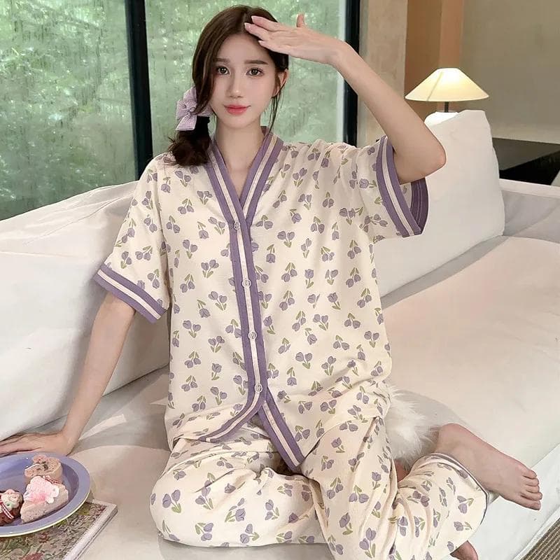2PCS/Set Large Size Korean Version of The Casual Classic Sweet Purple Floral Pajamas Short-Sleeved Long Trousers Casual Homewear M