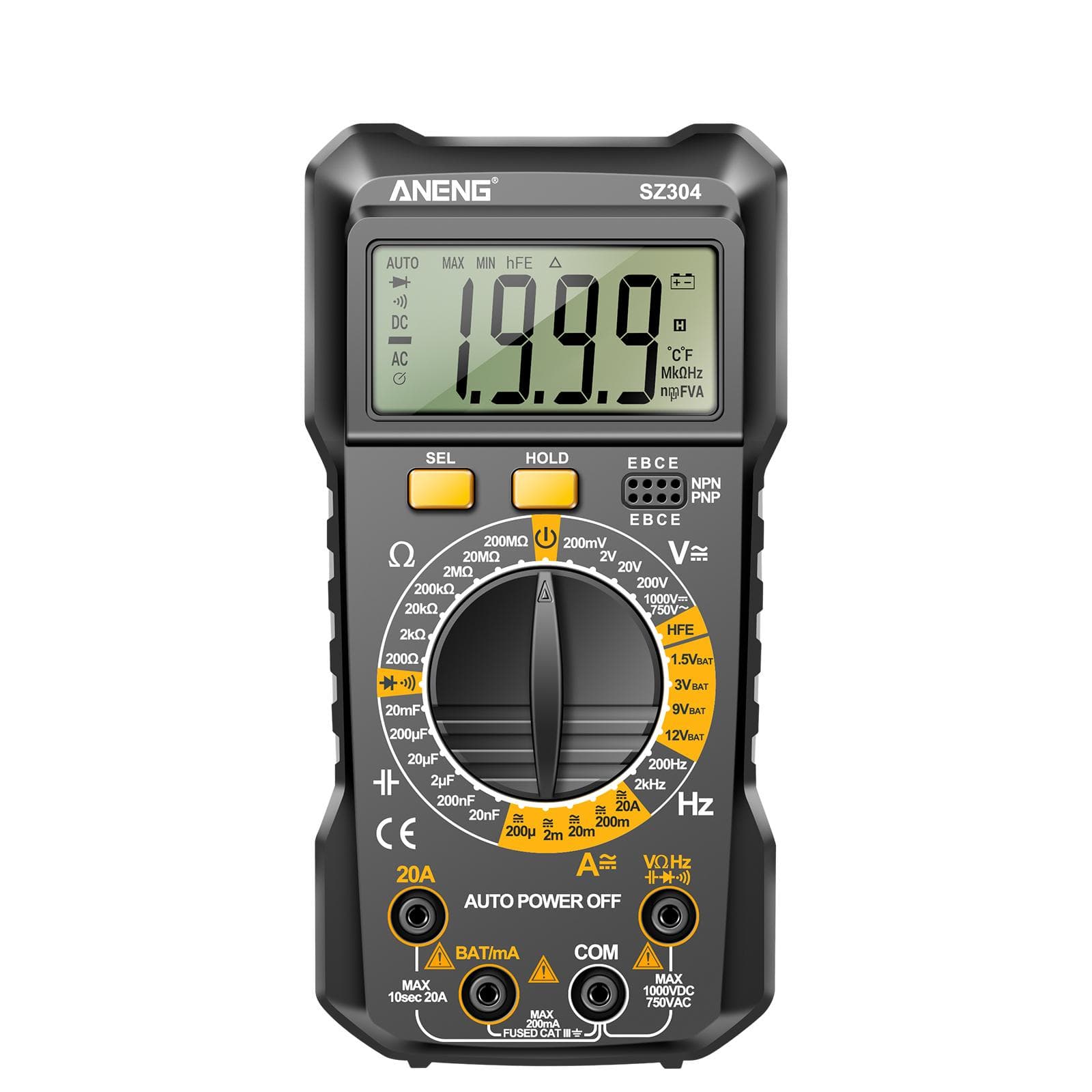 ANENG SZ304 Multifunction 1999 Counts Digital Multimeter True RMS Handheld High Precision Tester black