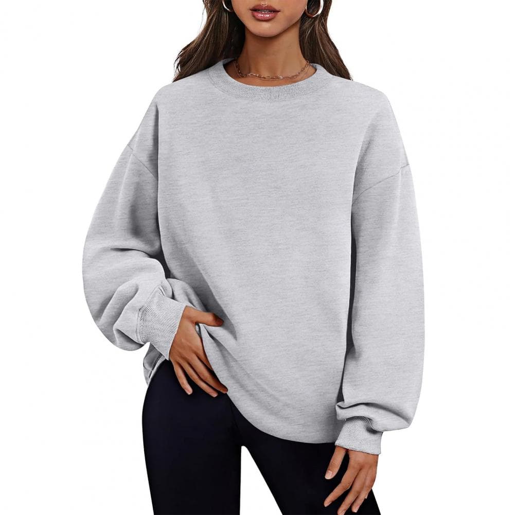 Fall Winter Women Sweatshirt Thickened Plush Round Neck Solid Color Loose Split Hem Pockets Pullover Mid Length Warm Sport Daily S light grey
