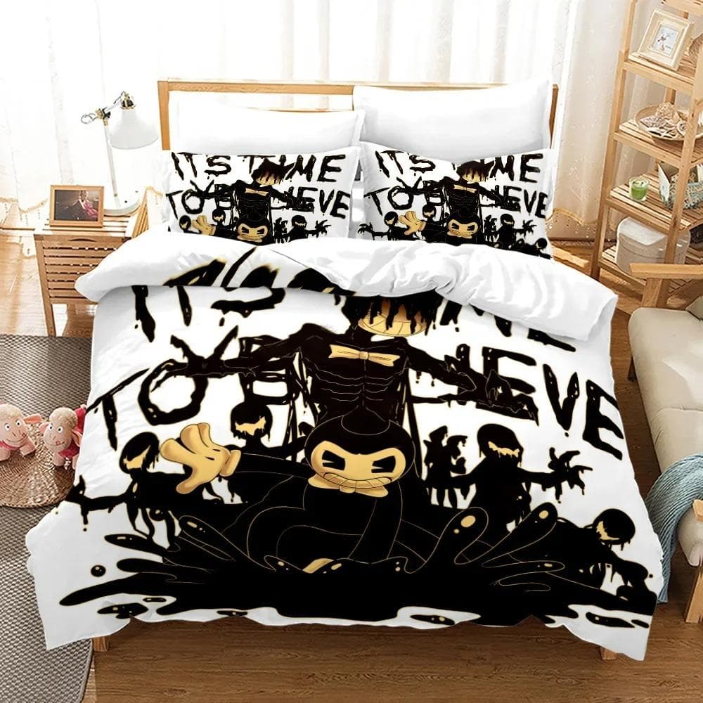 New Anime Bendy & Ink Machin Bedding Set Single Twin Full Queen King Size Bed Set Adult Kid Bedroom Duvetcover Set Home Textile AU King(245x210cm)