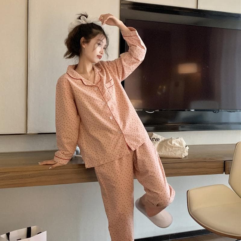 Women's Pajamas New Autumn Spring Long Sleeve Soft Sleepwear Set Pink Floral cartoon pyjama Woman Home Nightwear Set Cardigan XXL