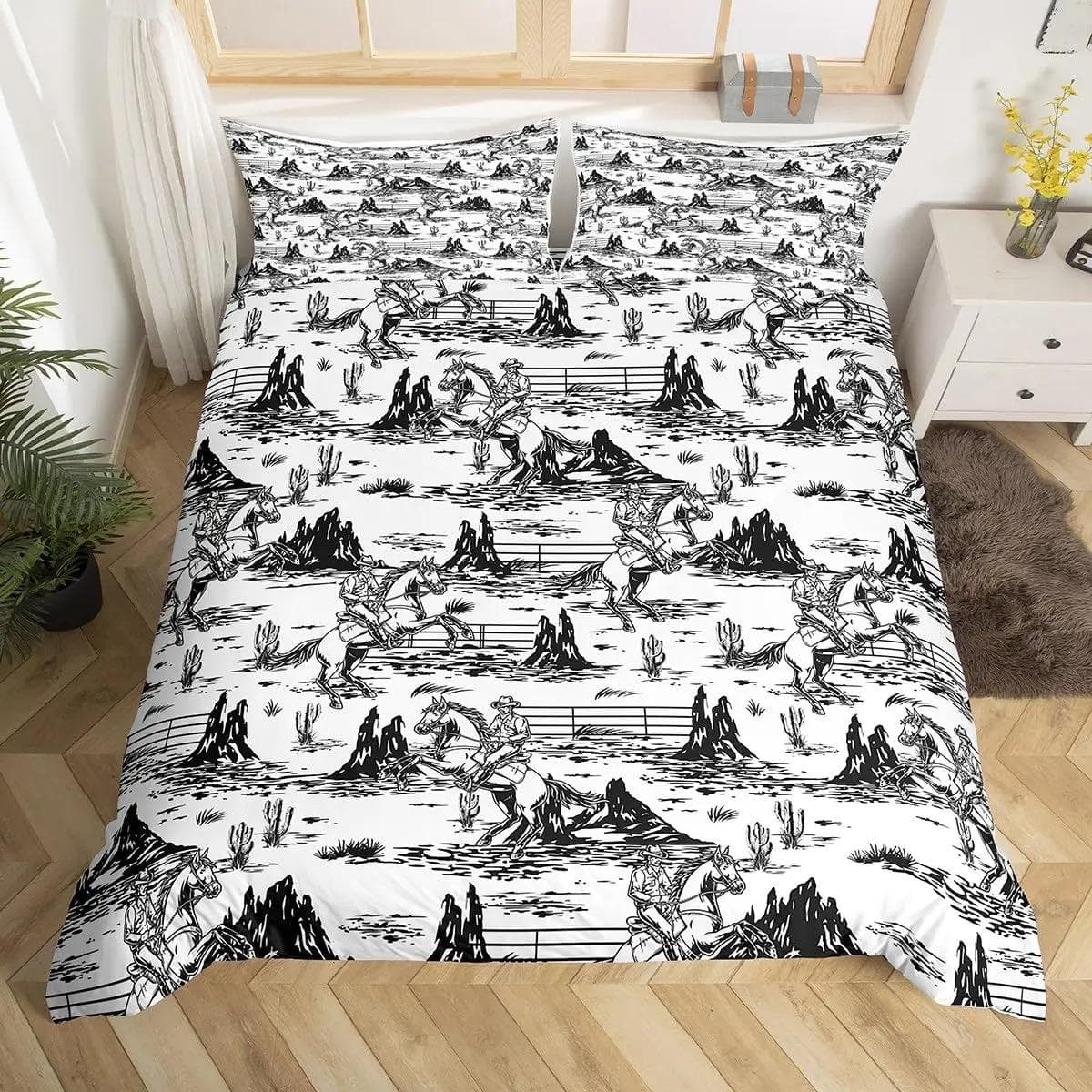Western Cowboy Duvet Cover Set Twin Size,Horseshoe Stars Cowboy Hat Pattern Comforter Cover Rustic Vintage Southwest Bedding Set 70x133cm 2pcs