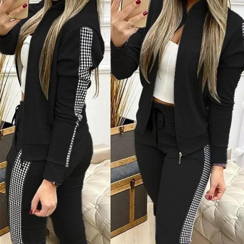 Women Two Piece Set Outfits Autumn Women's Tracksuit Zipper Top Pants Casual Sport Suit Winter 2 Piece Woman Set L black