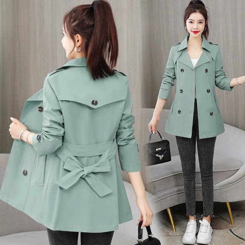 Spring Autumn Trench Coat Women Clothes Slim Long-Sleeved Short Windbreaker with Belt Casual Outwear Female Tops Lining XXL green