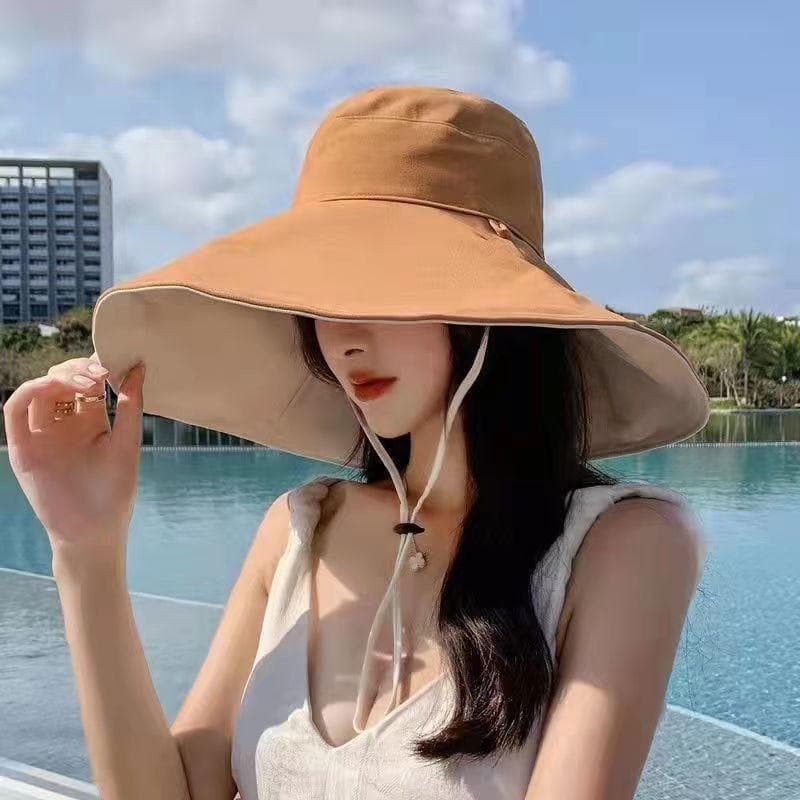 Wide Brim UPF 50+ Sun Hat Women Anti-UV Protection Hiking Fisherman Cap Fold Summer Solid Beach Hat 2024 Double sided Sun hat khaki