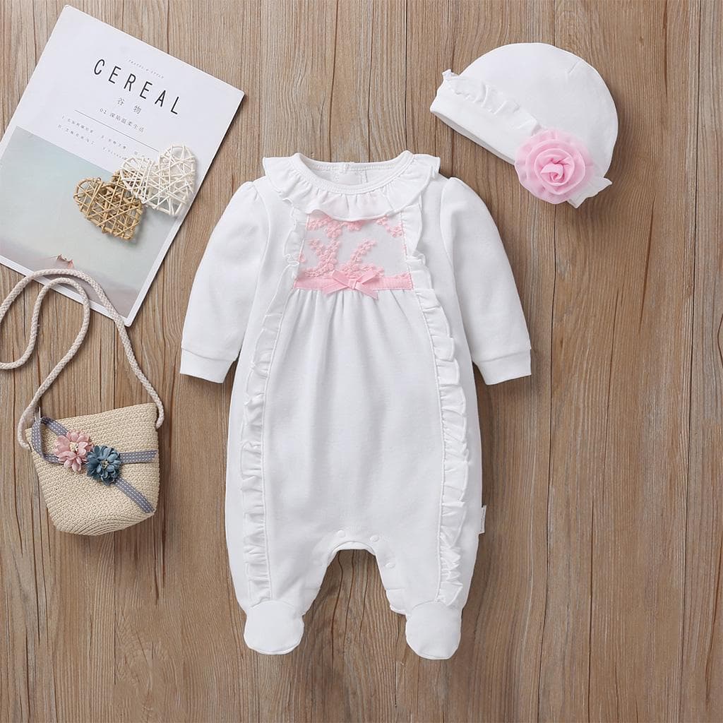 0-8Months Baby Girl Clothes Sets Newborn Baby Girl Cotton Outfits Embroidery Ruffles Foot Wrap Romper+3D Flower Hat 2Pcs 4-6 Months white