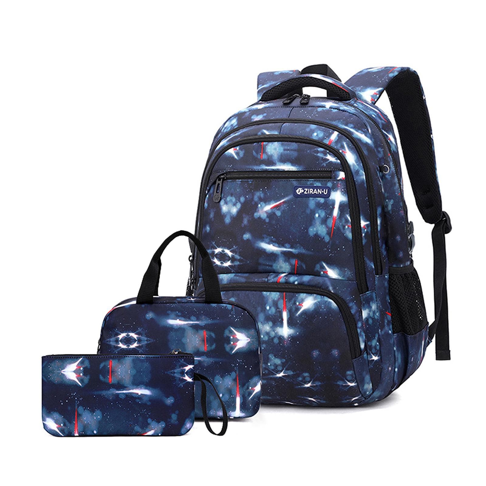 Primary and Secondary School Students Backpack Waterproof Schoolbag with Lunch Bag and Pen Bag dark blue