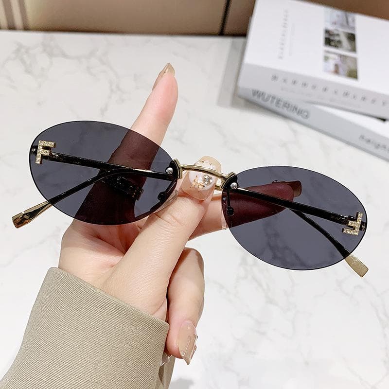 Elegant Diamond Oval Sunglasses Male Letter F Rimless Sunglasses Female Stylish UV Protection
