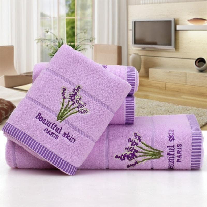Lavender and Cream Aromatherapy Cotton Bath Towel Set with Embroidery Design