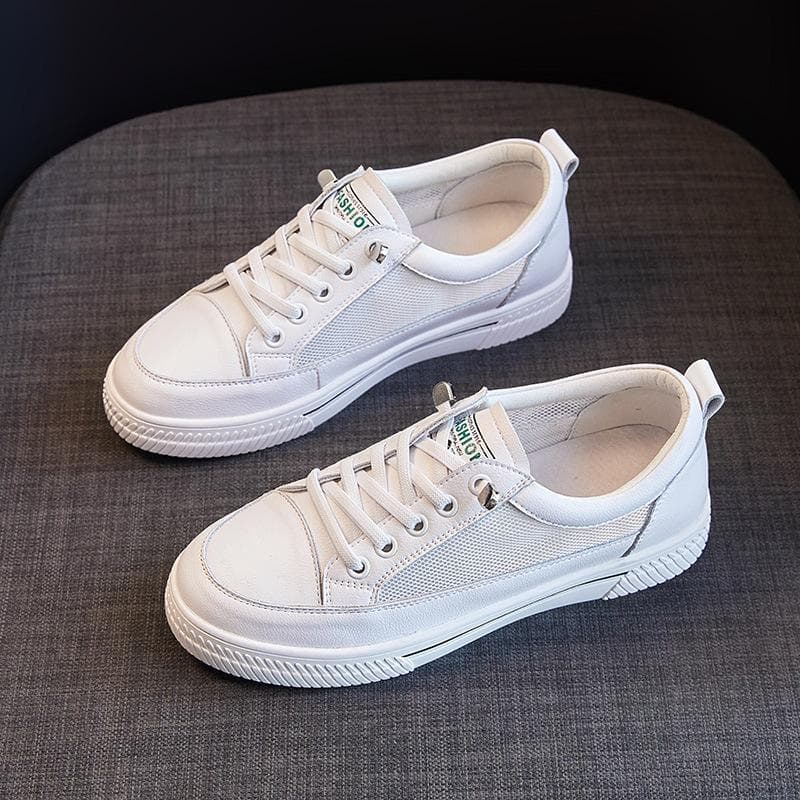 Leather Small White Shoes Women's Summer New All-match Mesh Breathable Casual Sports Shoes Flat White Shoes 40