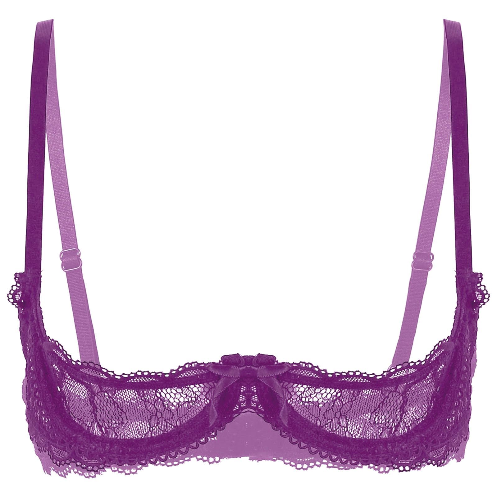 Adults Sheer Mesh Bra Featuring 1/4 Cups and Decorative Lace Details for Everyday Wear 4XL purple
