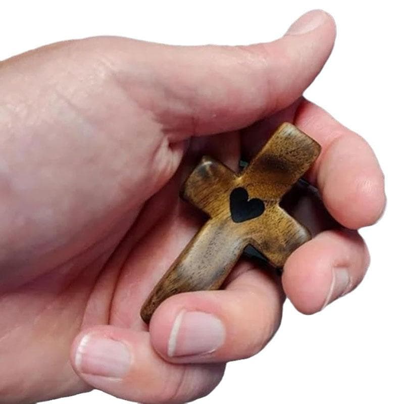 Cross My Heart Encouragement Gift Handheld Wooden Cross with Epoxy Heart To Carry In Pocket Emotional Support