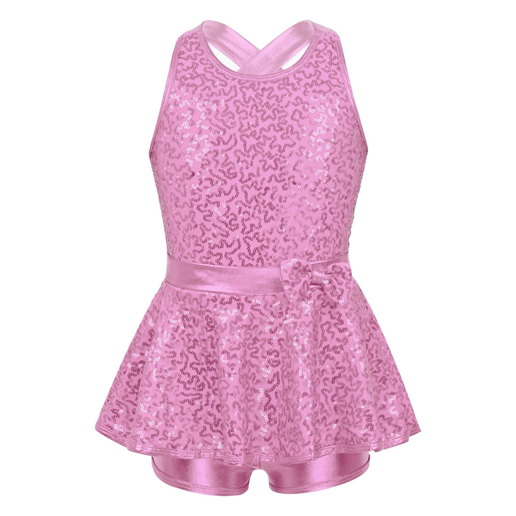 Kids Girls Jazz Modern Tap Dancewear Sleeveless Sequined Criss Cross Back Waist Bowknot Ballet Dance Leotard Dress 5-6 Years pink