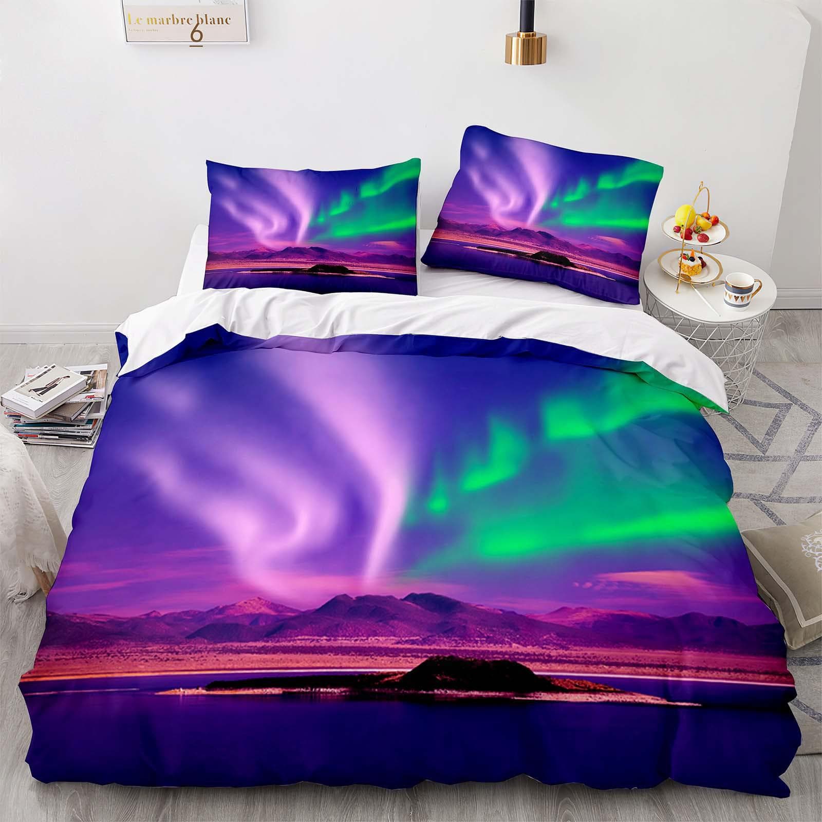 Mountain Aurora Bedding Set Romantic Galaxy Landscape Bedclothes Single Double Queen Twin Full Size Duvet Cover Women Bed Linen AU King(245x210cm)