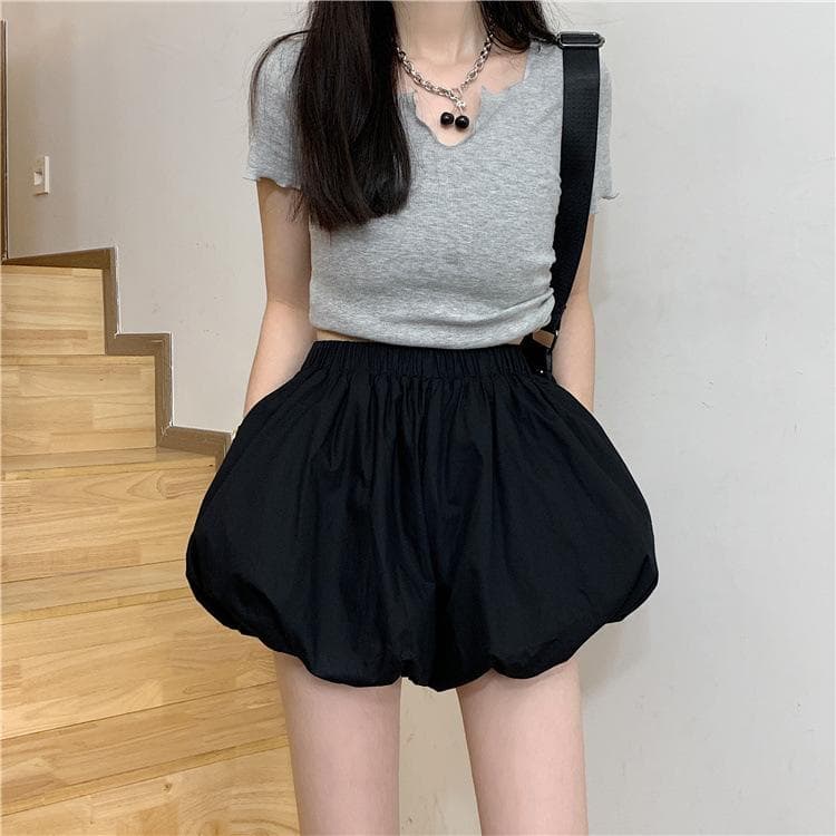 High-waisted Flower Bud Shorts New Casual Loose Summer Loose Lantern Small Pumpkin Fluffy Flower Bud Pants 4XL black