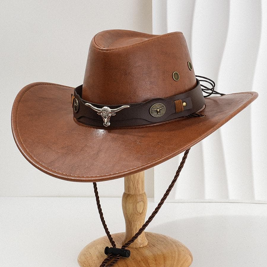 Unisex Vintage Faux Leather Western Cowboy Hat Outdoor Gentleman Cowgirl Jazz Cap Sombrero Hombre khaki