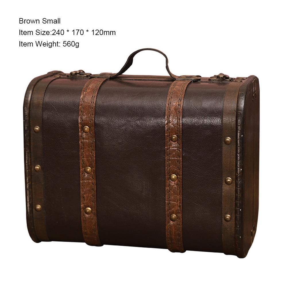 Retro Suitcase Wood Leather Finished Antique Storage Box Decorative Luggage for Photography Props Small brown