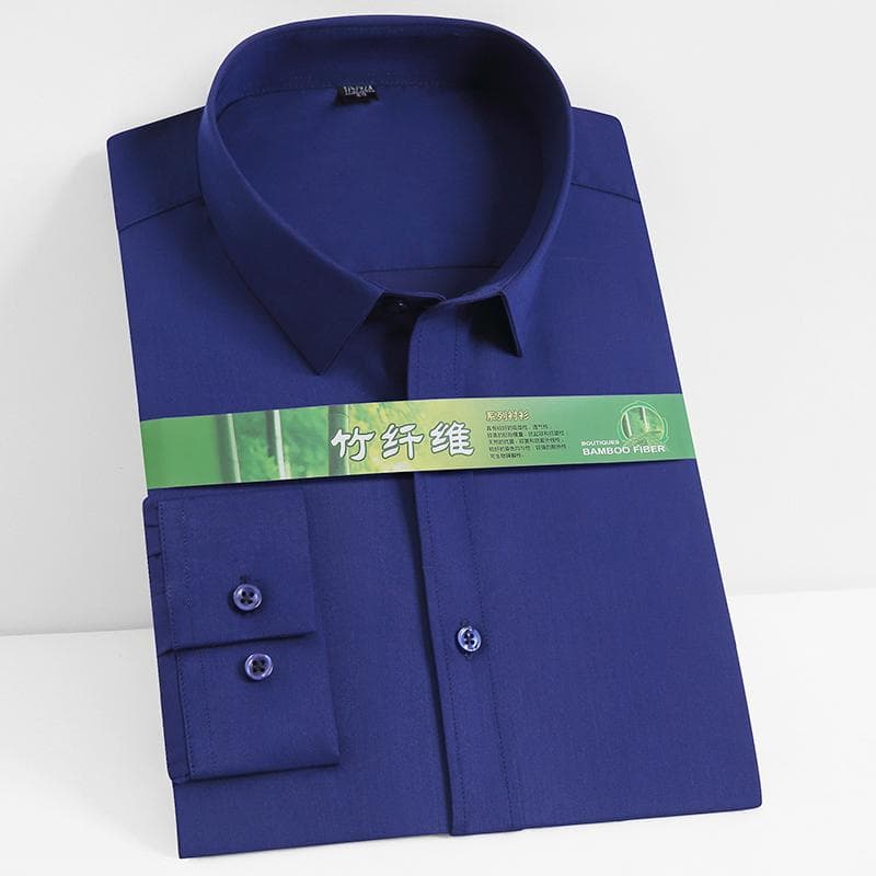 Men's Classic Long Sleeve Stretch Bamboo Fiber Basic Dress Shirt Pocketless Standard-fit Business Work Office Easy-Care Shirts 38 dark blue