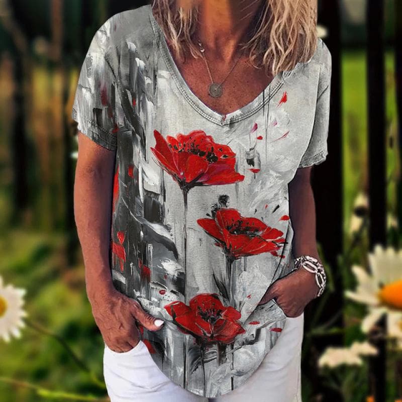 Fashion Women'S T-Shirt 3d Flowers Print Clothing V-Neck Short Sleeve Tops Summer Harajuku Ladies Pullover Oversized Female Tees 5XL