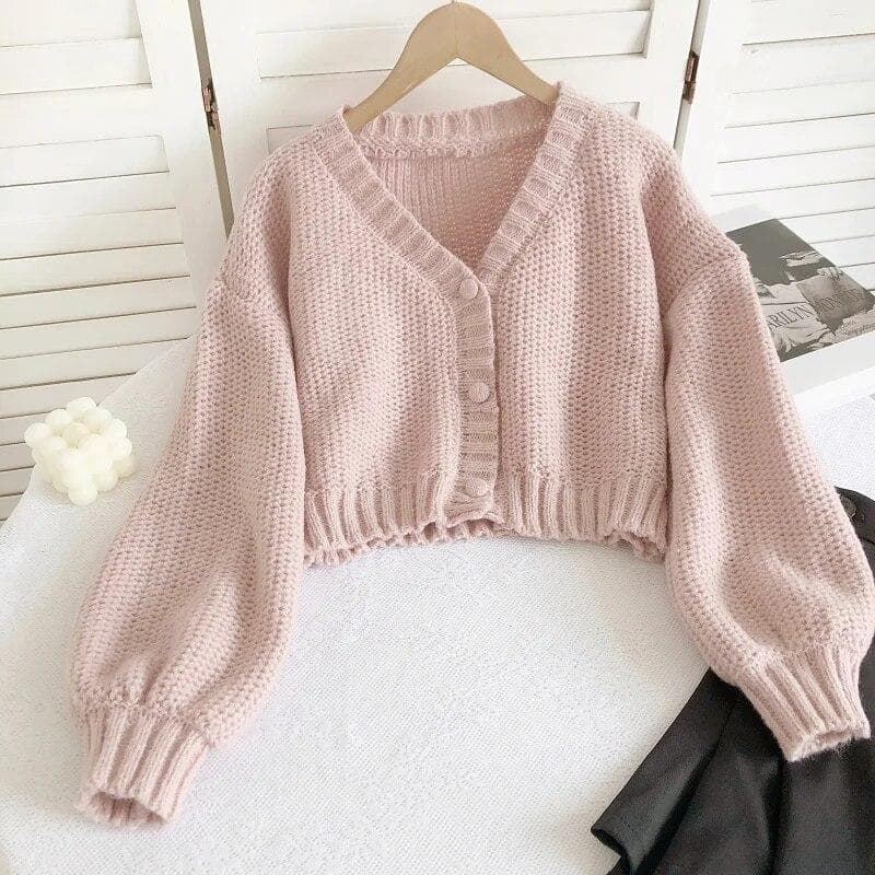Sexy Sweet Short Knitted Cardigan Sweet Korean V Neck Lantern Sleeve Sweaters for Women Fall Wild Simple Cropped Pink Cardigan Coat One Size pink