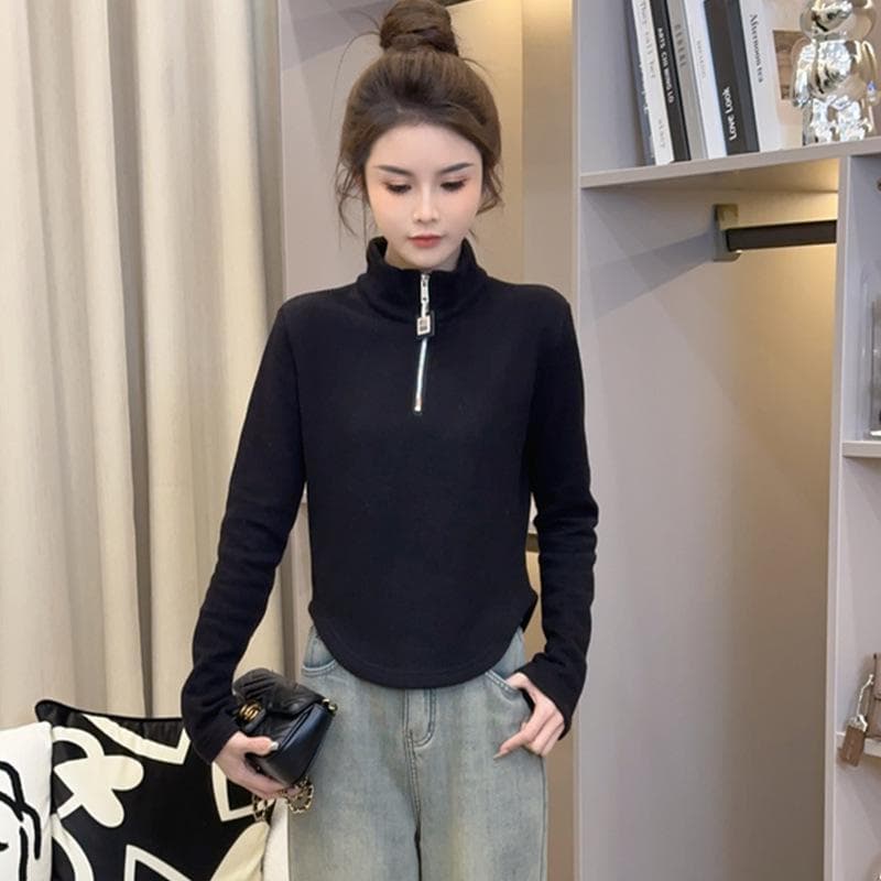 Dev Zipper Half High Neck Thickened Base Shirt for Women In Autumn and Winter Slim and Versatile Design Top Commuter Long-sleeved T-shirt XXXL black