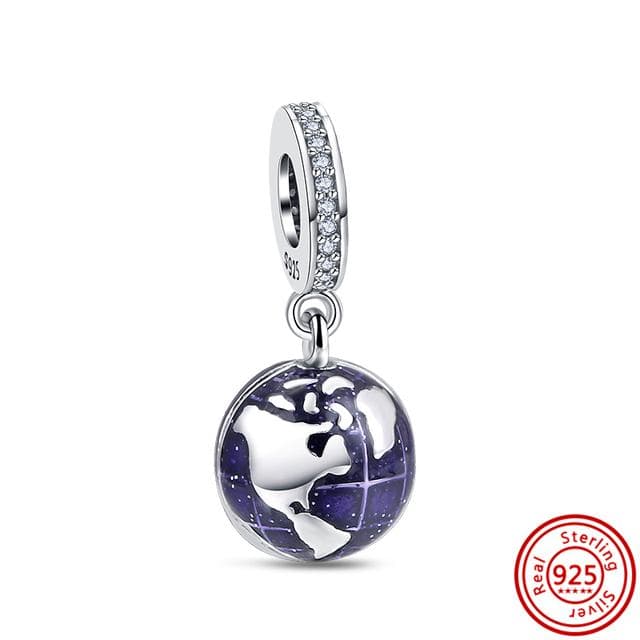 925 Solid Silver Globe Galaxy Journey Astronaut Moon Star Pendant Murano Glass Beads Fit Bracelet Women Jewelry