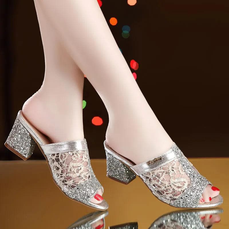 Large Size All-match Sandals Women's High-heeled Mesh Slippers Solid Color Breathable Summer Fish Mouth Sandals 35 silver