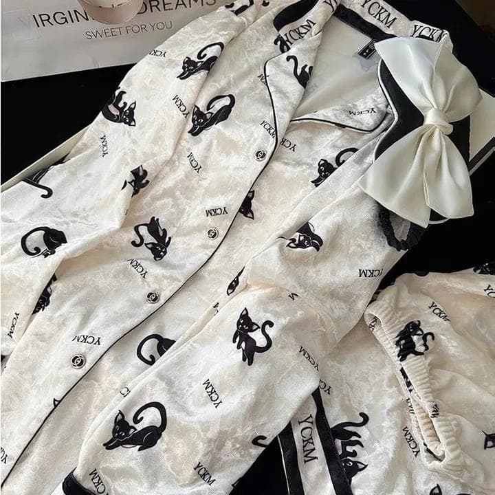 Print Cartoon Sleepwear Loungewear Autumn Winter Velvet Female Pajamas 2PCS Shirt&Pant Casual White Velour Home Wear Pijamas XL white