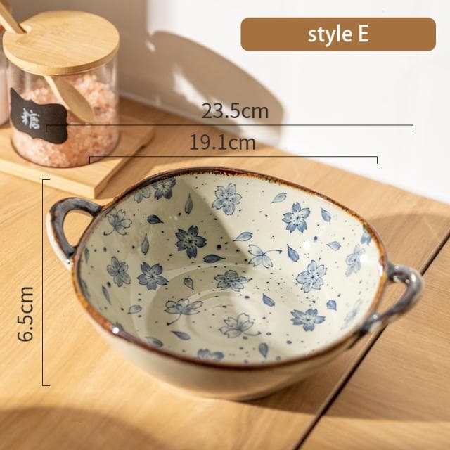 7.5inch Japanese Household Noodle Bowl Ceramic Soup Bowl With Handle Salad Pasta Bowl Kitchen Tableware Microwave Oven Bakware
