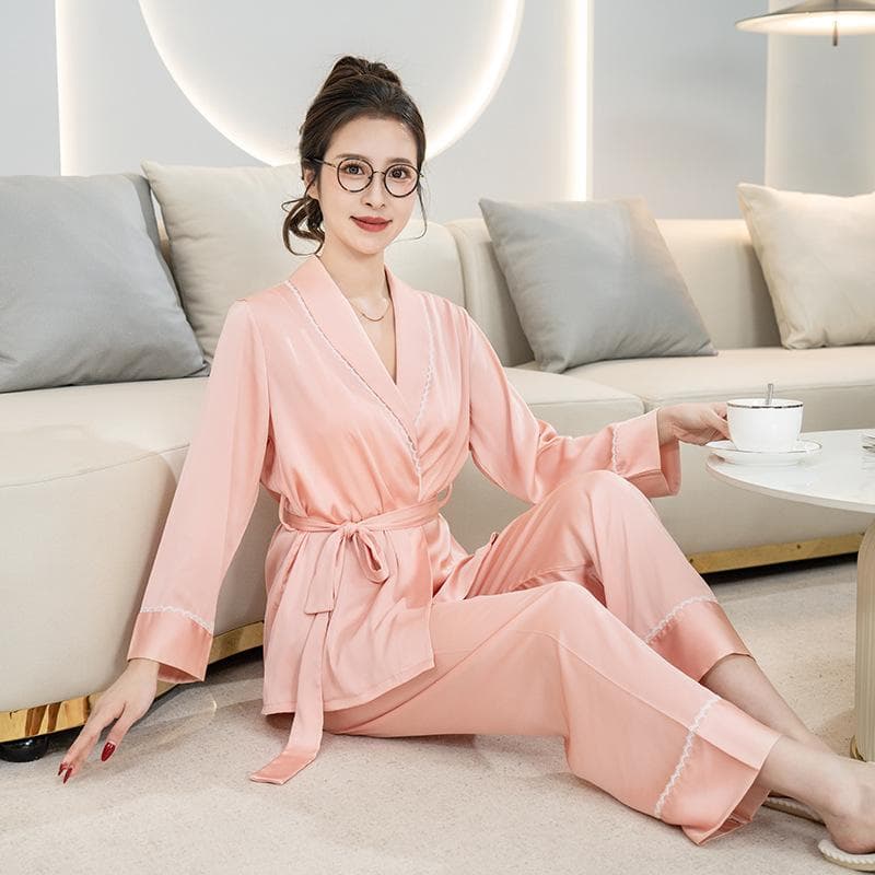 Satin Pajamas Women's Autumn New Long Sleeved Cardigan Nightwear Sexy Lapel Bathrobe Home Clothes Casual Sleepwear Two-Piece Set 2XL pink