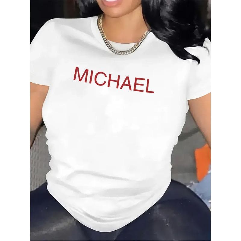 European sizes Women'S MICHAEL Graphic T-Shirt - White Casual Crew Neck Tee with Bold Red Lettering Comfortable and Durable Design 4XL white
