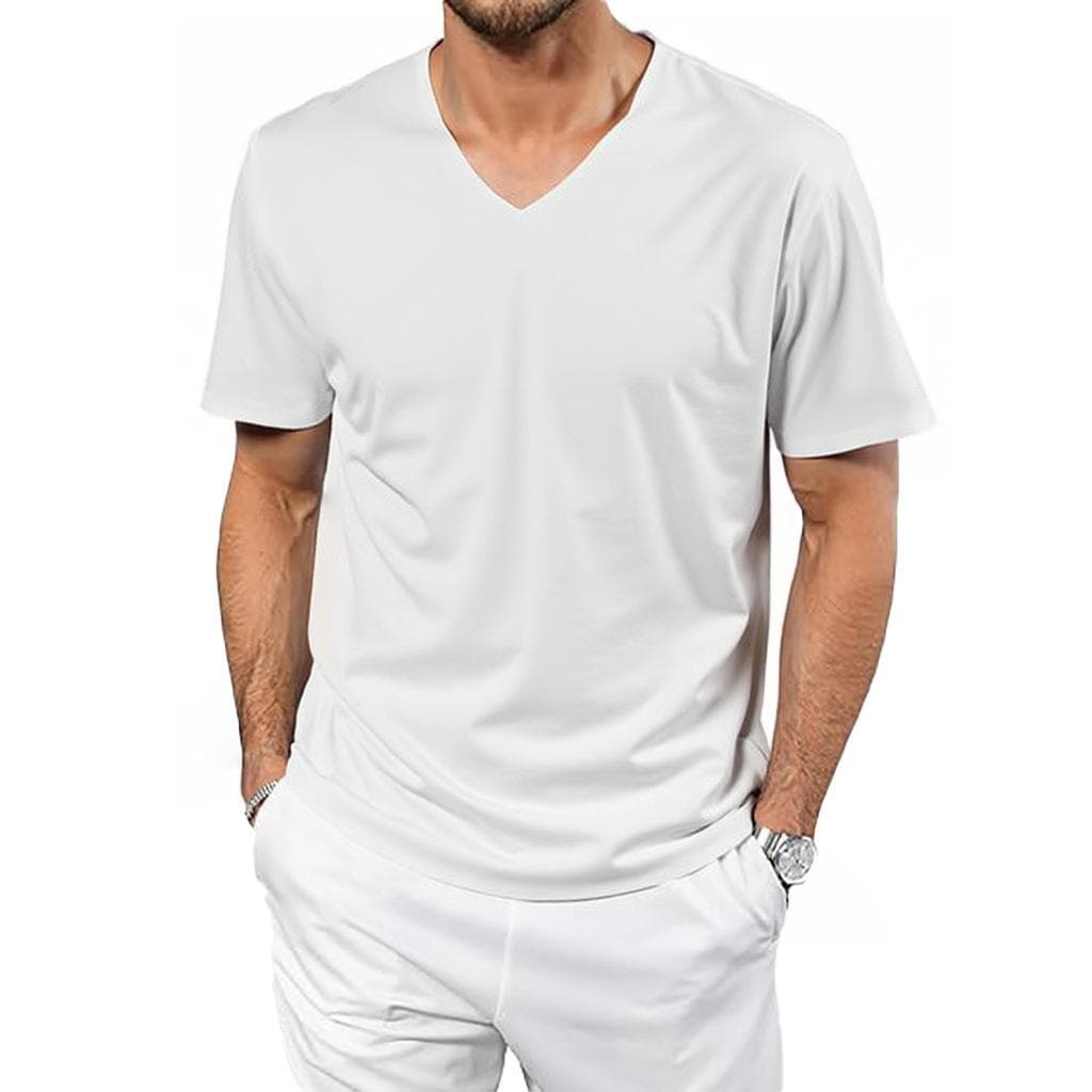 Summer New T-shirt for Men Ice Silk Cool Feeling V-neck T-shirt Quick Drying Lightweight V-neck Breathable Casual Tops XXXL white