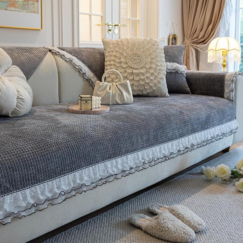 New Chenille Lace Edge Sofa Cover Four Seasons Universal Couch Cushion French Retro L-shaped Sofa Cover Anti Slip Couch Mat 70x70cm 1pcs