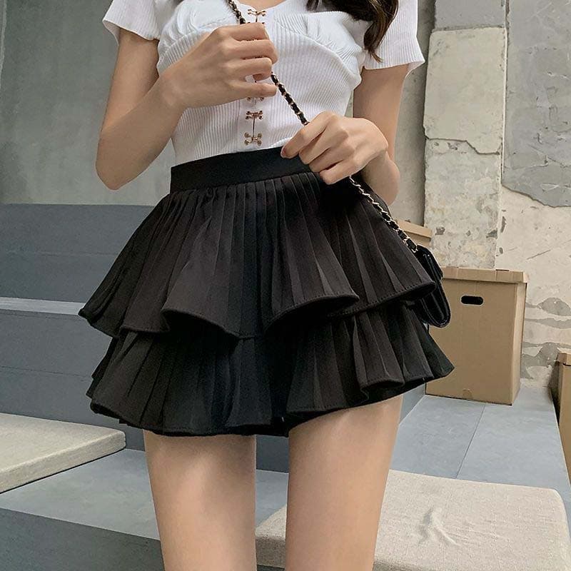 Women's White Pleated Skirt Double Cake Skirt High Waist A-line Puffy Skirt Sweet and Sexy Office Lady Preppy Style Summer XL 55-60kg black