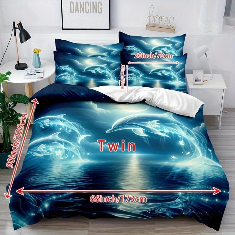 3pcs Dolphin Duvet Cover Set, Super Cute Animal Print Dolphins Quilt Cover With Pillowcase, Comfortable Breathable Bedding Set Eu-Single135x200cm