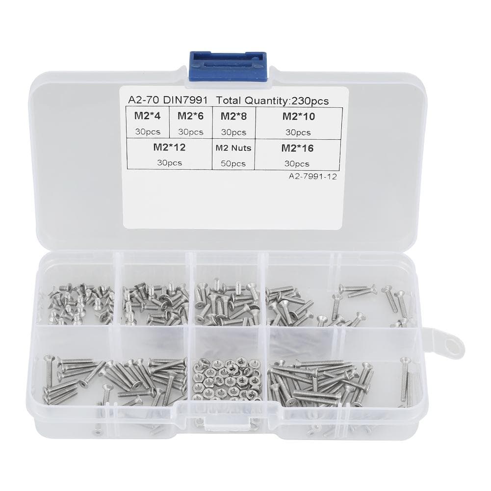 230pcs M2 304 Stainless Steel Flat Head Bolt Screws Nuts Assortment Kit with Box