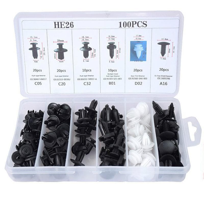 100pcs Mixed Auto Fastener Clip Car Body Push Retainer Pin Rivet Bumper Door Trim Panel Retainer Fastener Kit Car Accessories 100pcs-Box