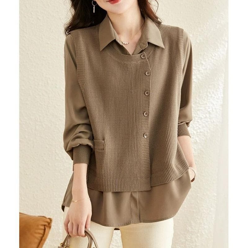 Real Two-piece Shirt for Women's Autumn Clothes New Loose Casual Shirt Sweater Jacket Fashionable Vest Long-sleeved Top 2XL