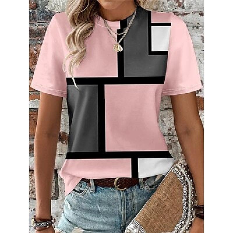 Women's T shirt Tee Plaid Color Block Daily Going out Pink Blue Purple Print Short Sleeve Fashion Round Neck Regular Fit Summer 2XL