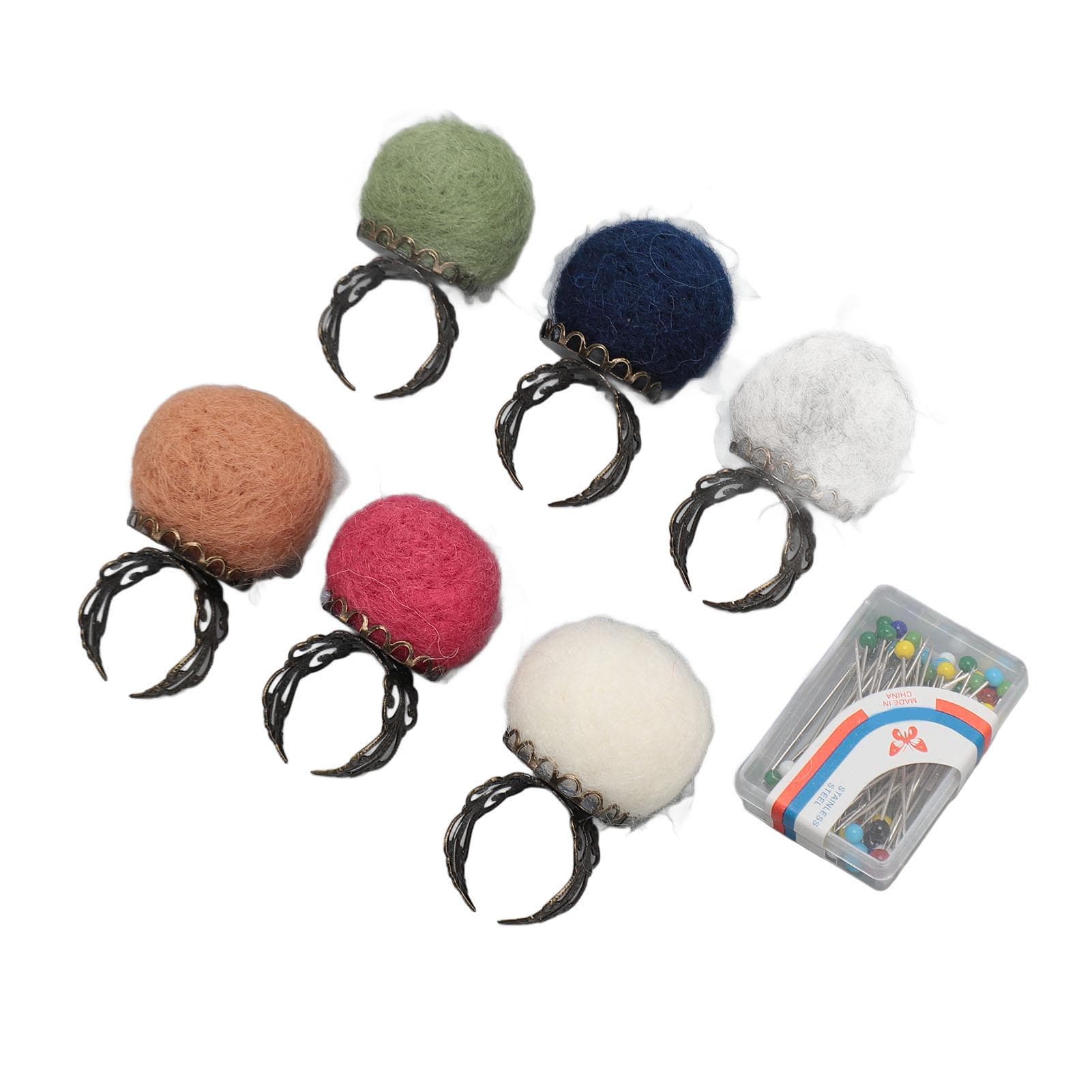 6pcs Felt Pin Cushion Rings with Fabric Pins Vintage Lightweight Finger Pin Cushions for DIY Crafts natural