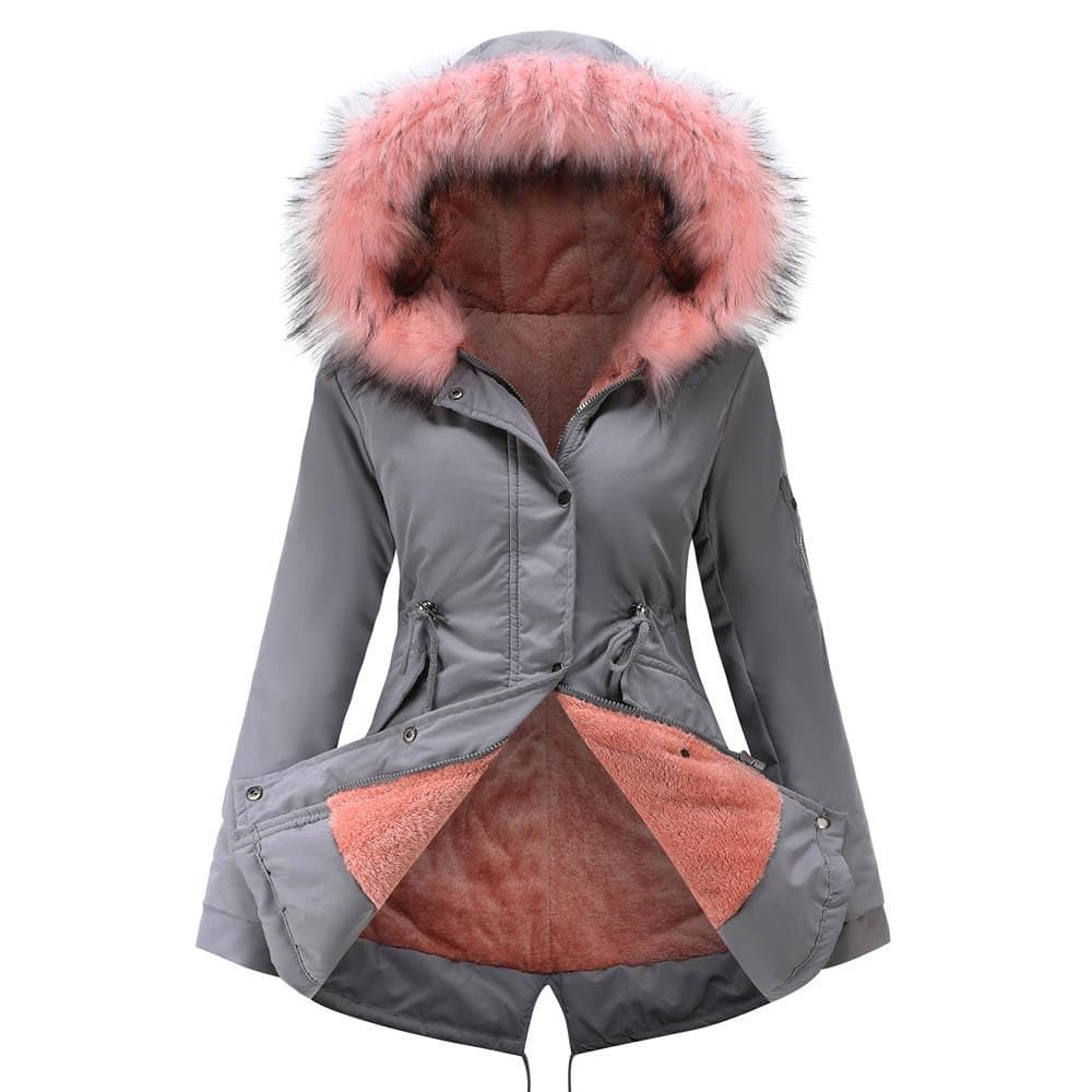 Women Thickened Fleece Lined Parka Coat Mid-Length Faux Fur Hooded Winter Outdoor Padded Trench Jacket Overcoat Warm Outwear S-5XL Plus Size Oversized M pink/grey
